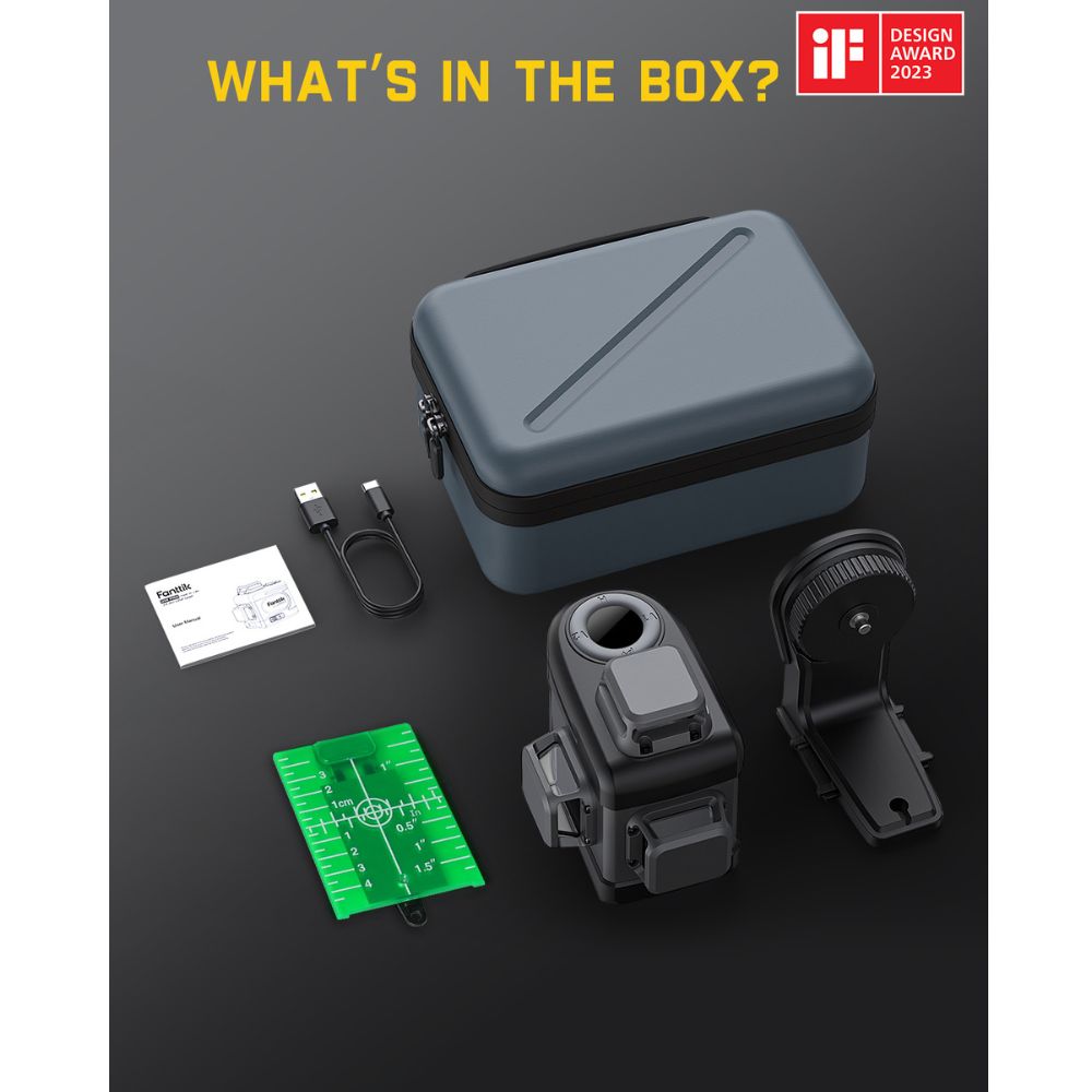Fanttik D12 PRO Laser Level box contents: laser level, case, USB-C cable, target plate, manual. IF Design Award 2023.