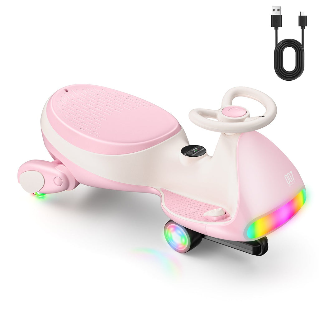 Pink FanttikRide N7 Ultra 12V electric wiggle car with colorful LED lights and Type-C charging cable.
