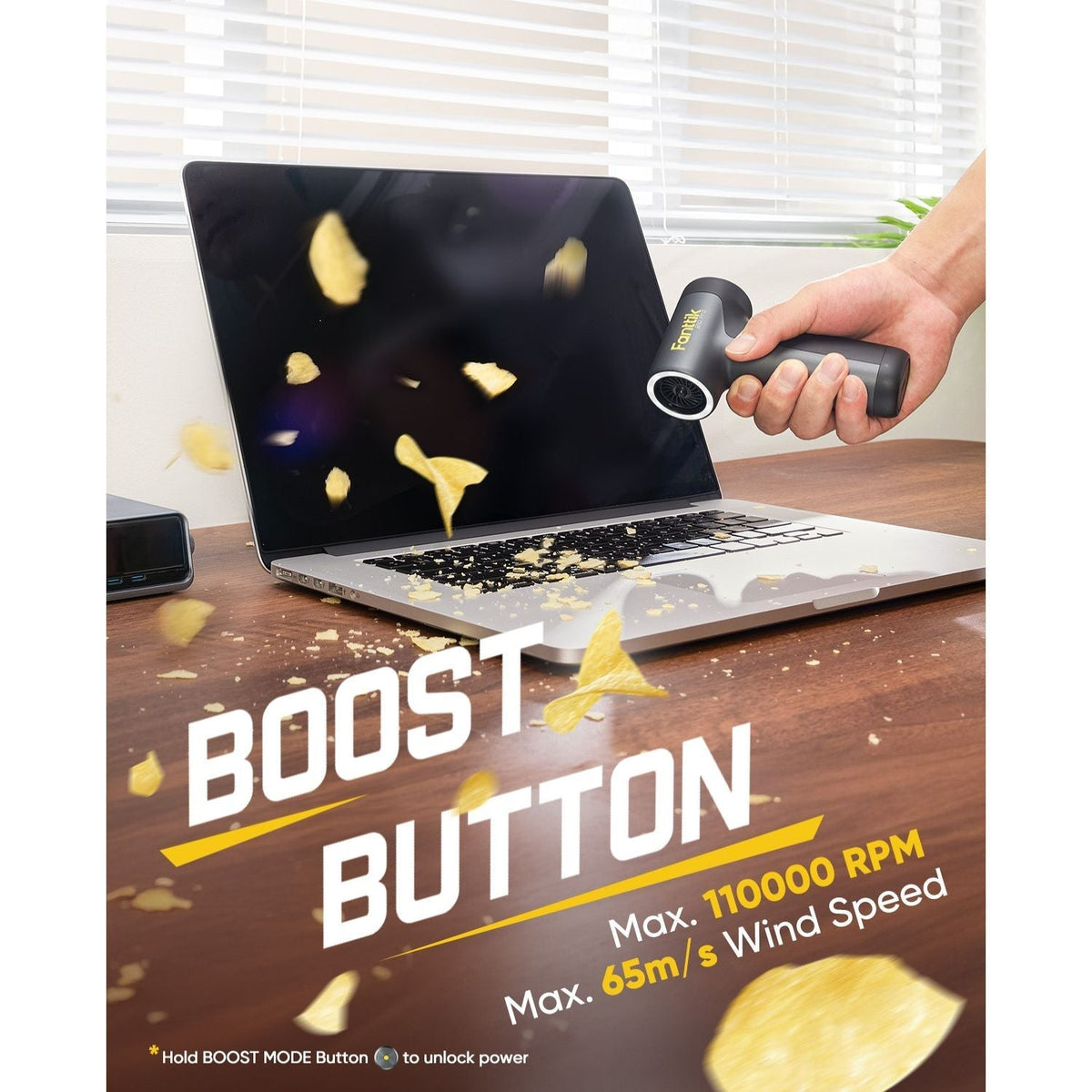 Fanttik B10 Pro electric air duster cleaning laptop screen with chips, max 110000 RPM