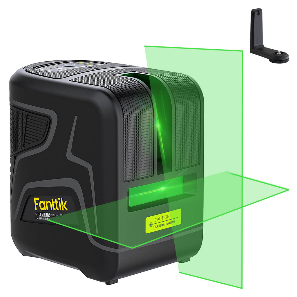 Fanttik D2 PLUS cross line laser level with green laser projection and mounting bracket.