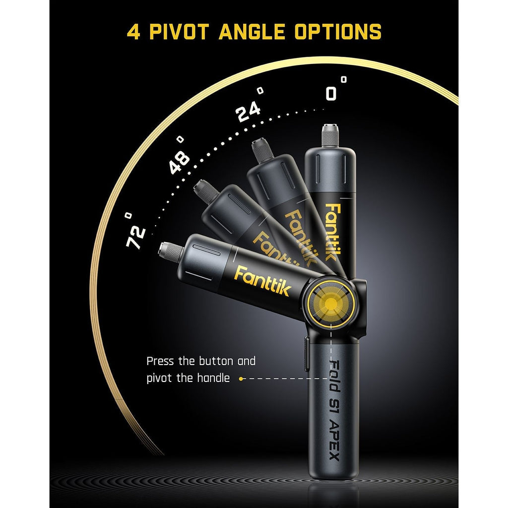 Fanttik Fold S1 APEX cordless screwdriver with 4 pivot angles: 0, 24, 48, and 72 degrees, showing adjustable handle.