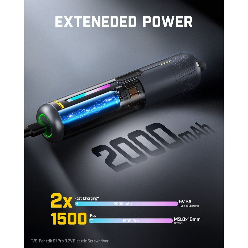 Fanttik S2 Pro Max cordless electric screwdriver with extended power, 2000mAh battery and fast USB-C charging