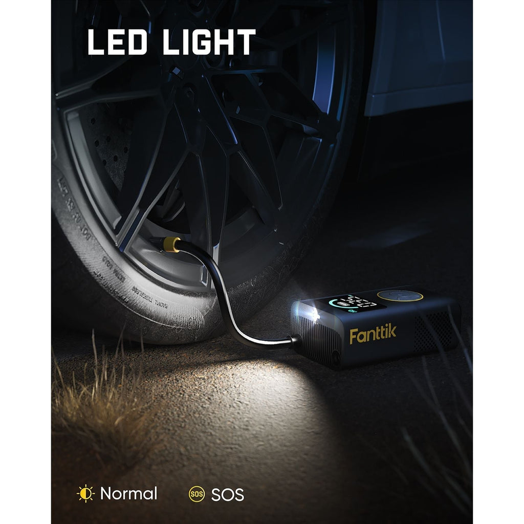 Fanttik X10 Pro tire inflator with LED light and SOS mode inflating a car tire