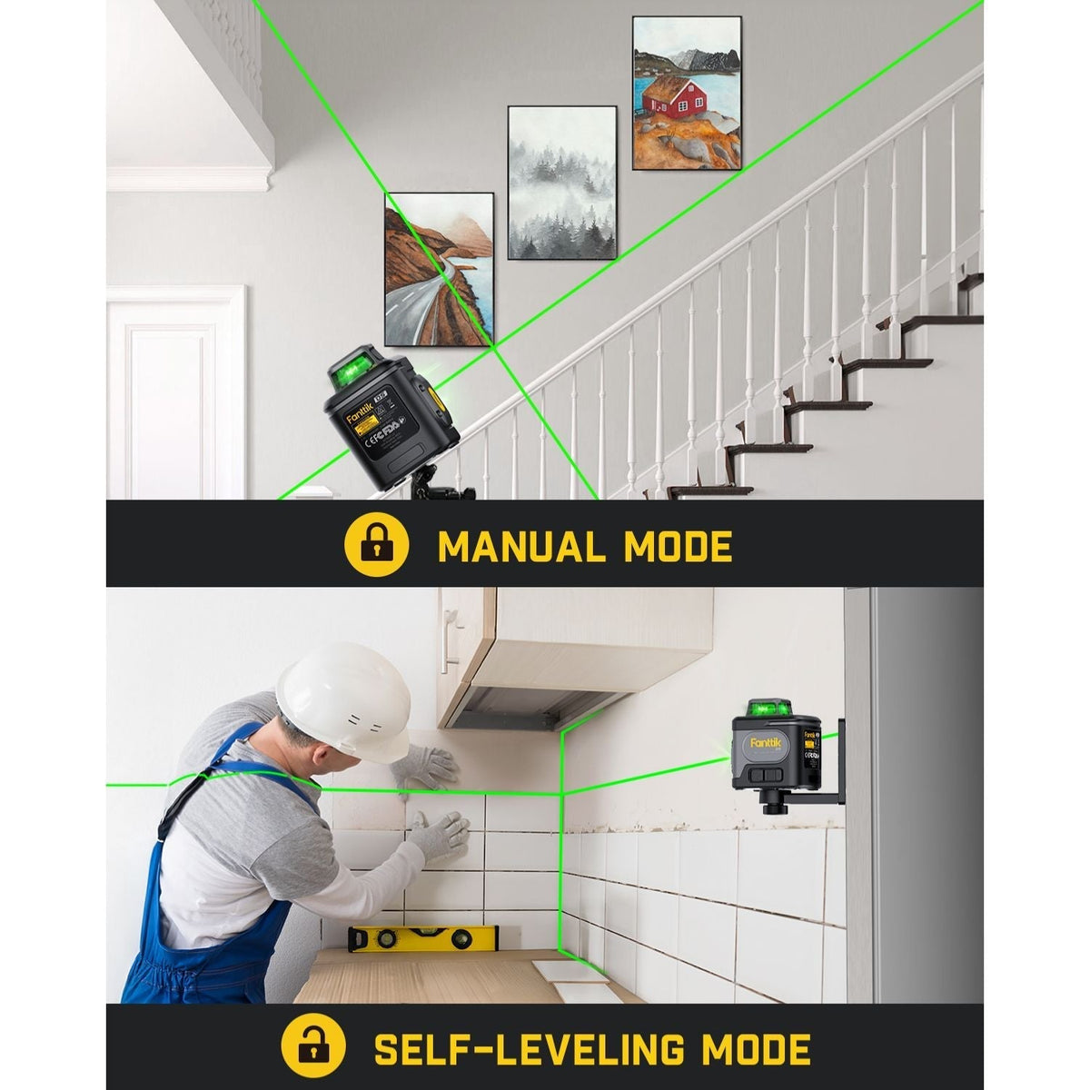Fanttik D5 Laser Level in manual mode on staircase and self-leveling mode for tiling