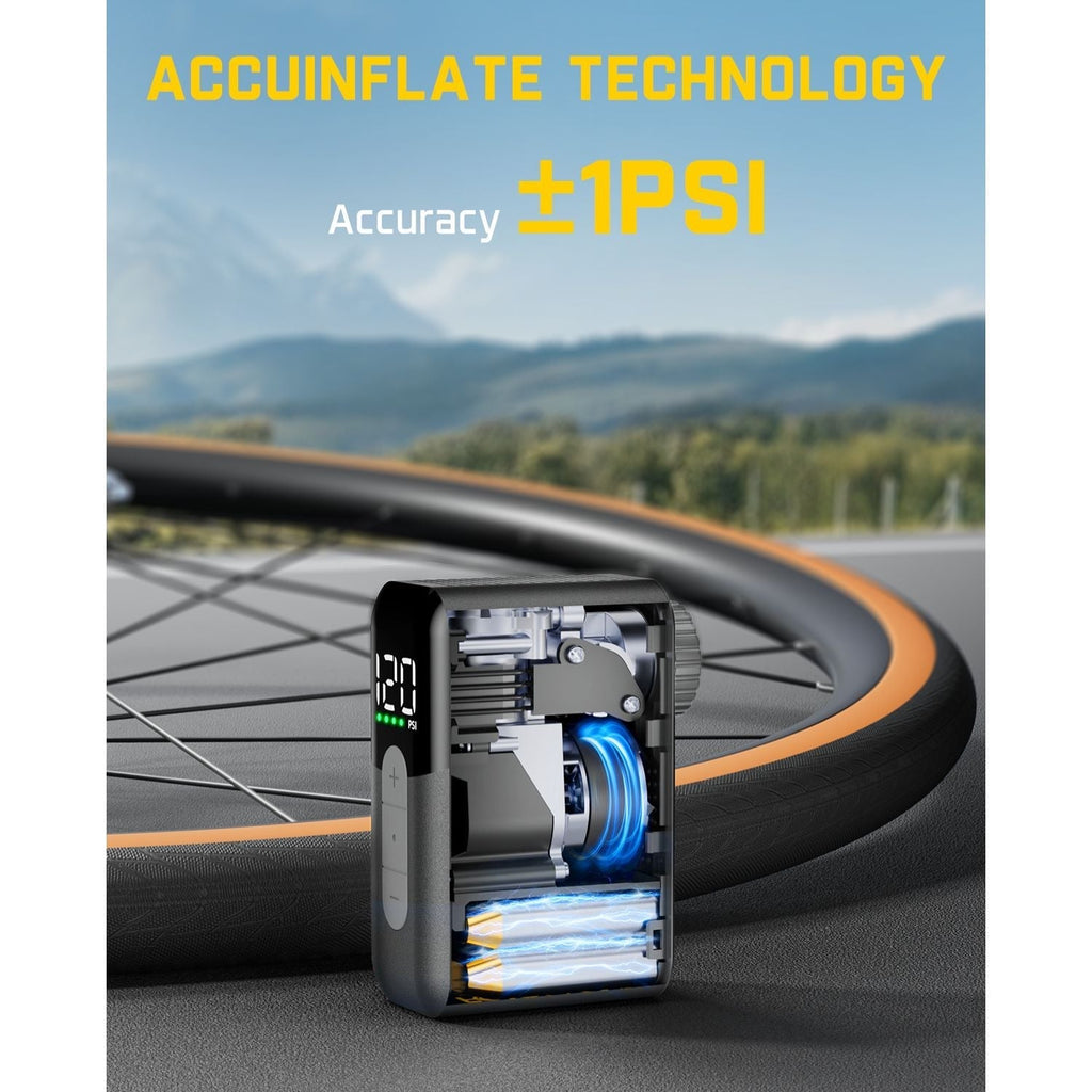 Fanttik X10 Ace Mini Bike Pump with Accuinflate Technology, showing internal workings and ±1 PSI accuracy.