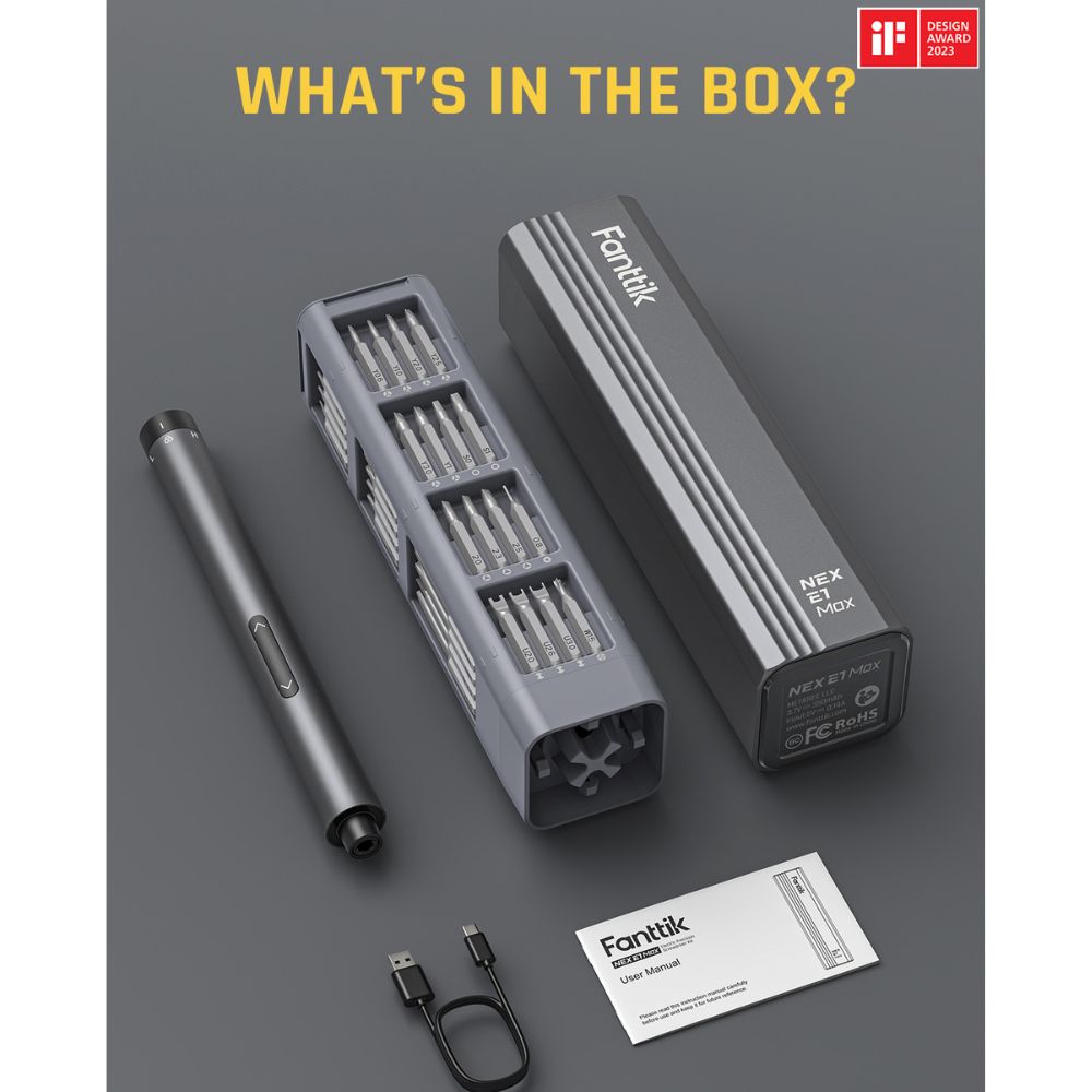 Fanttik E1 Max screwdriver, 50 metal bits, charging cable, manual, iF Design Award 2023.