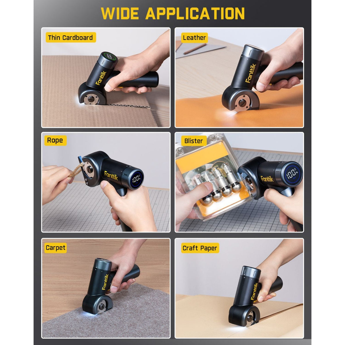 Fanttik C8 Nano Electric Scissors cutting thin cardboard, leather, rope, blister pack, carpet, and craft paper.