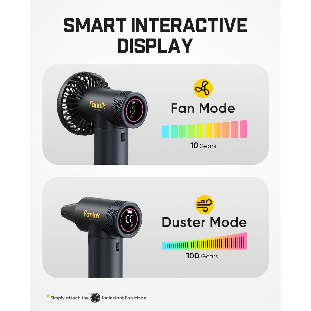 Smart interactive display of a fan and duster with mode indicators on a white background