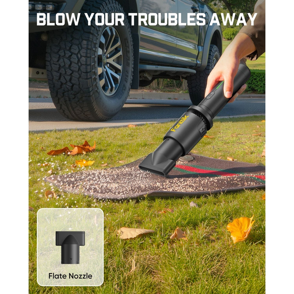 Fanttik BF10 Pro cordless leaf blower cleaning a doormat with flat nozzle attachment.