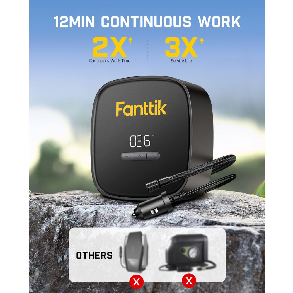 Fanttik X9 SE tire inflator with 12min continuous work, 2X continuous work time, and 3X service life.