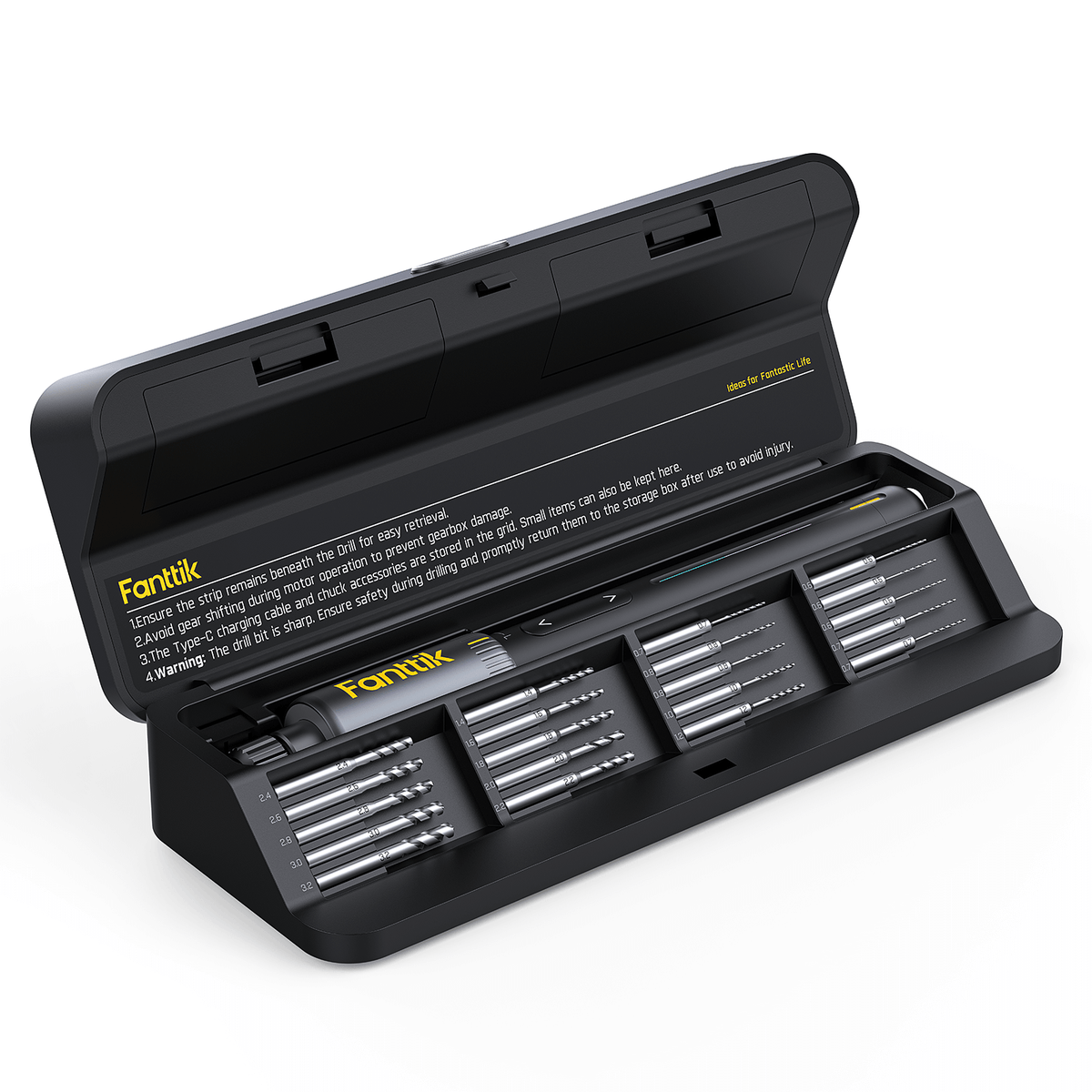 Fanttik K2 Nano 3.7V precision power drill with various HSS drill bits in a black storage case.