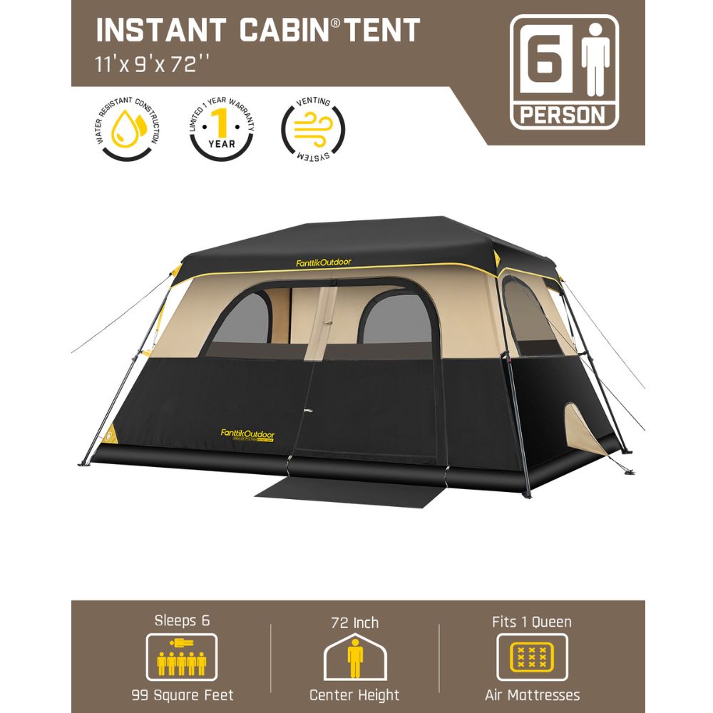 FanttikOutdoor Zeta C6 Pro Max 6-person instant cabin tent with double roof, 11'x9' dimensions, 72" height, and 99 sq ft.