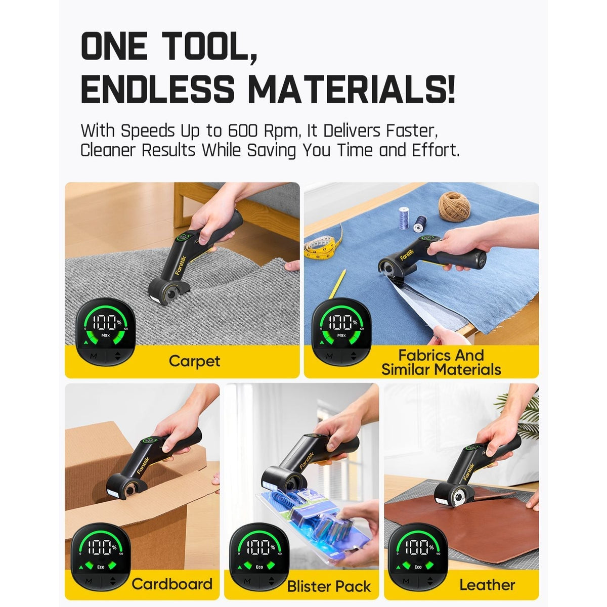 Fanttik C10 Pro electric scissors cutting carpet, fabrics, cardboard, blister pack, and leather.