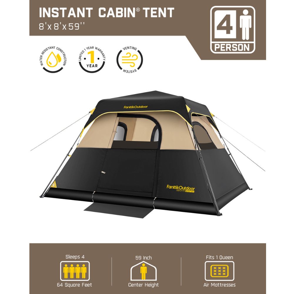 FanttikOutdoor Zeta C4 Pro 4 person instant cabin tent, 8x8x59 inches, water resistant, 1-year warranty, vented