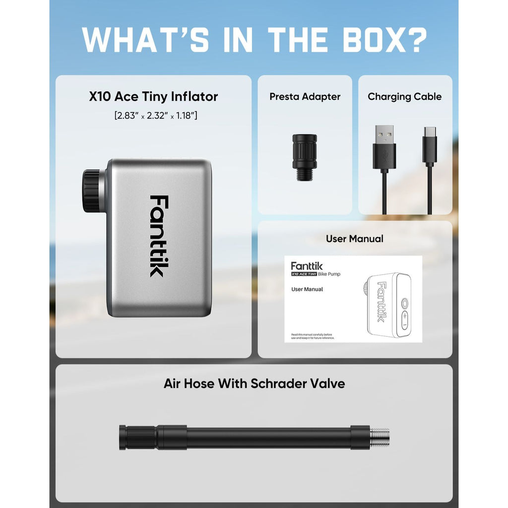 Fanttik X10 Ace Tiny Bike Pump box contents: pump, Presta adapter, USB-C charging cable, and user manual.
