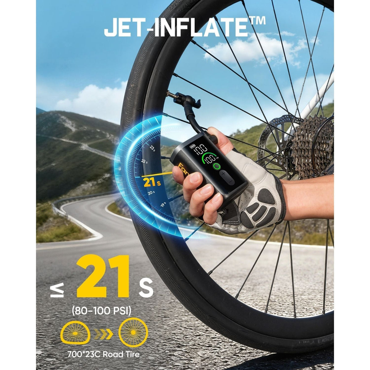 Fanttik X11 Ace mini bike pump inflating 700x23C road tire to 80-100 PSI in 21 seconds