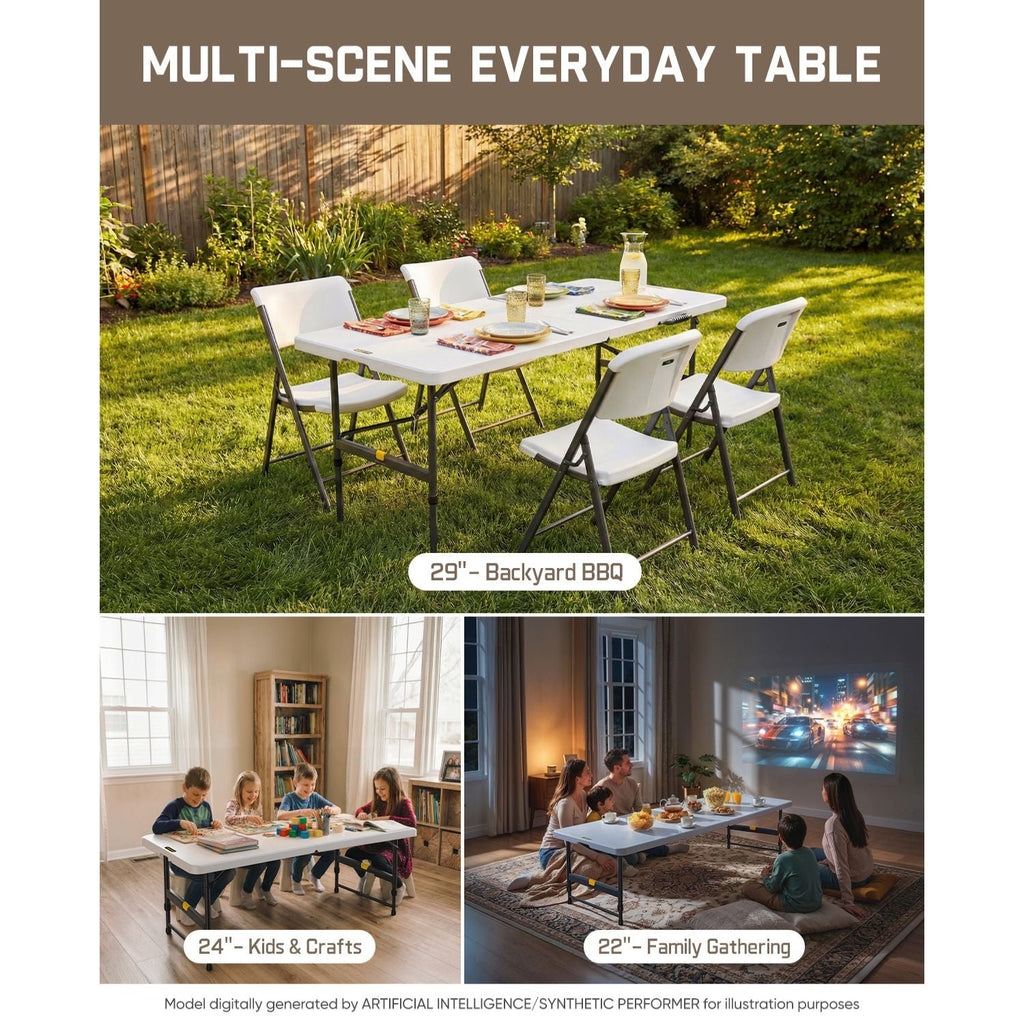 FanttikOutdoor Zeta X6 Pro 6ft folding table in backyard, kids' crafts, and family gathering scenes