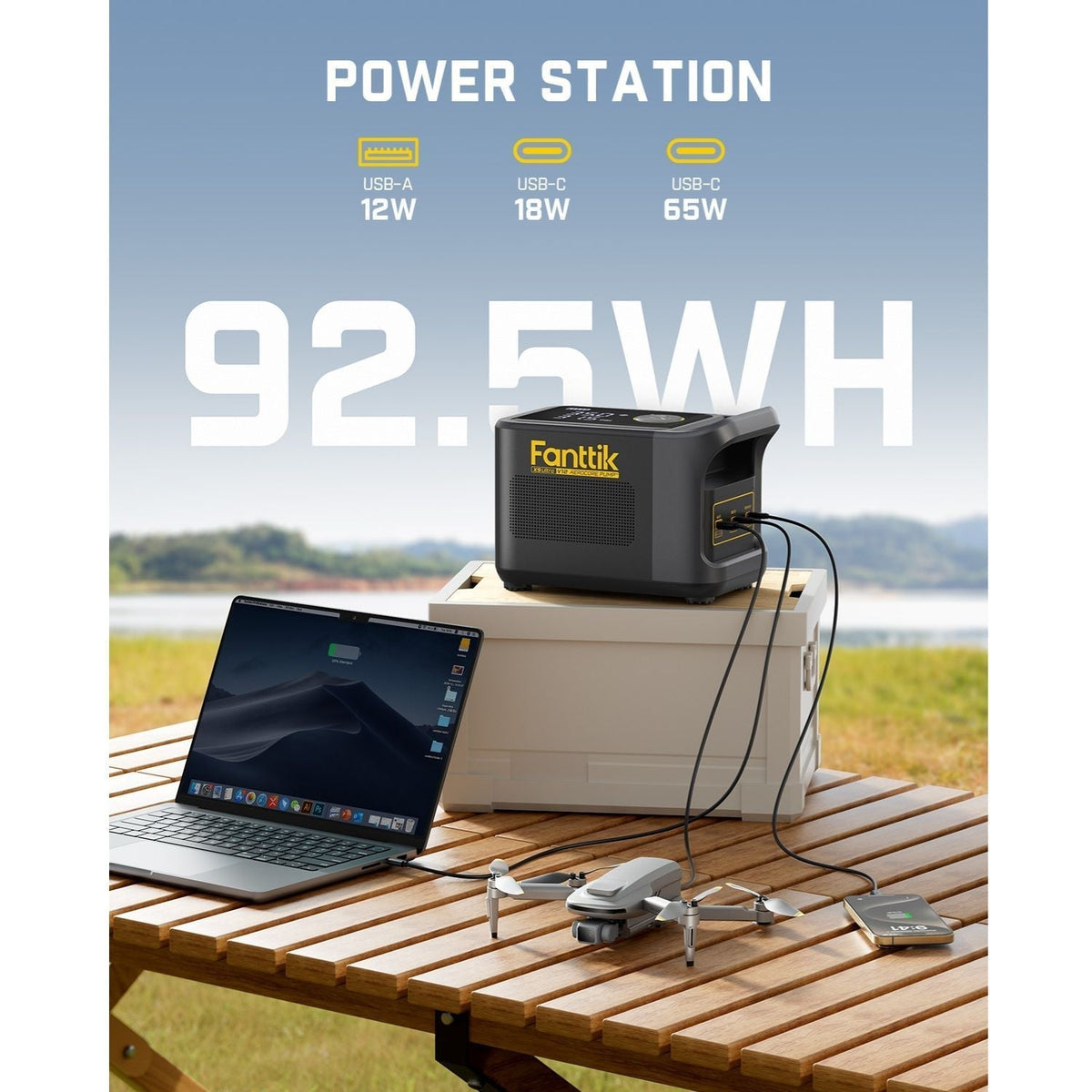 Fanttik X9 Ultra tire inflator as 92.5Wh power station, charging laptop, drone, and phone outdoors.