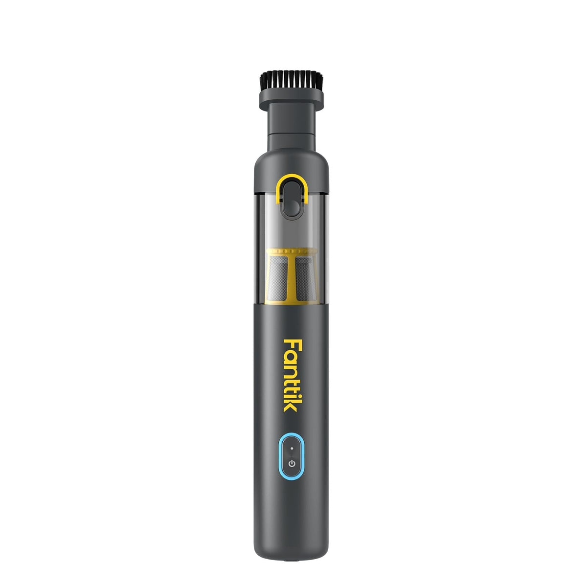 Fanttik Slim V8 Apex car vacuum in gray with brush attachment and visible dustbin.