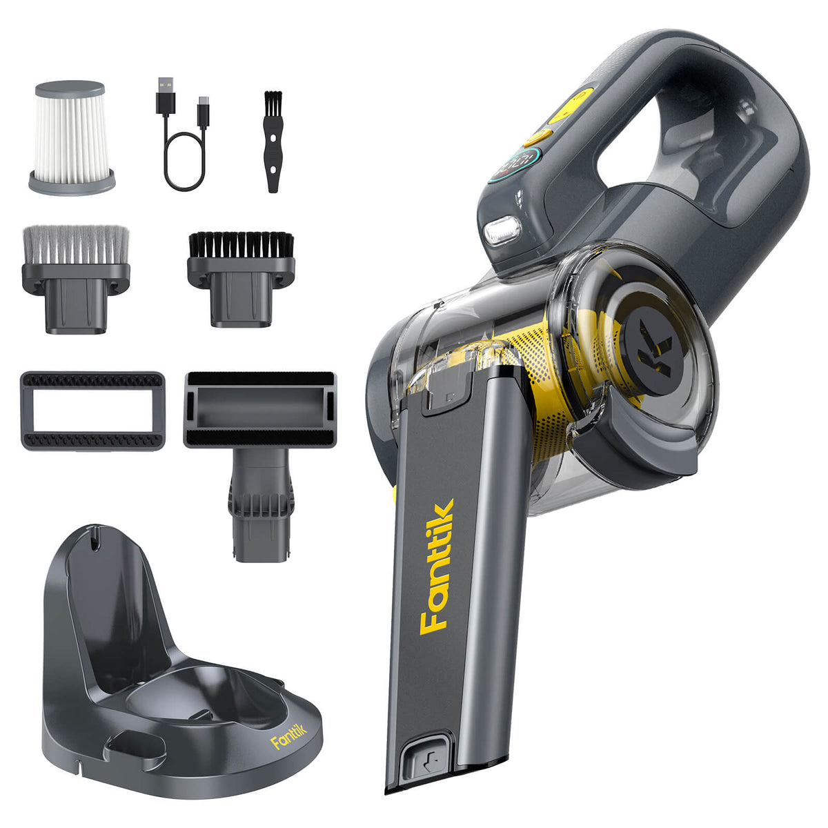 Fanttik Fold V10 Ultra Deluxe handheld vacuum, charging base, HEPA filter, USB cable, crevice tool, brush nozzle, upholstery tool.