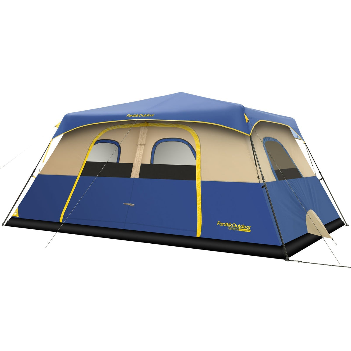 FanttikOutdoor Zeta C10 Pro instant cabin tent with blue roof, tan and blue walls, and yellow trim.