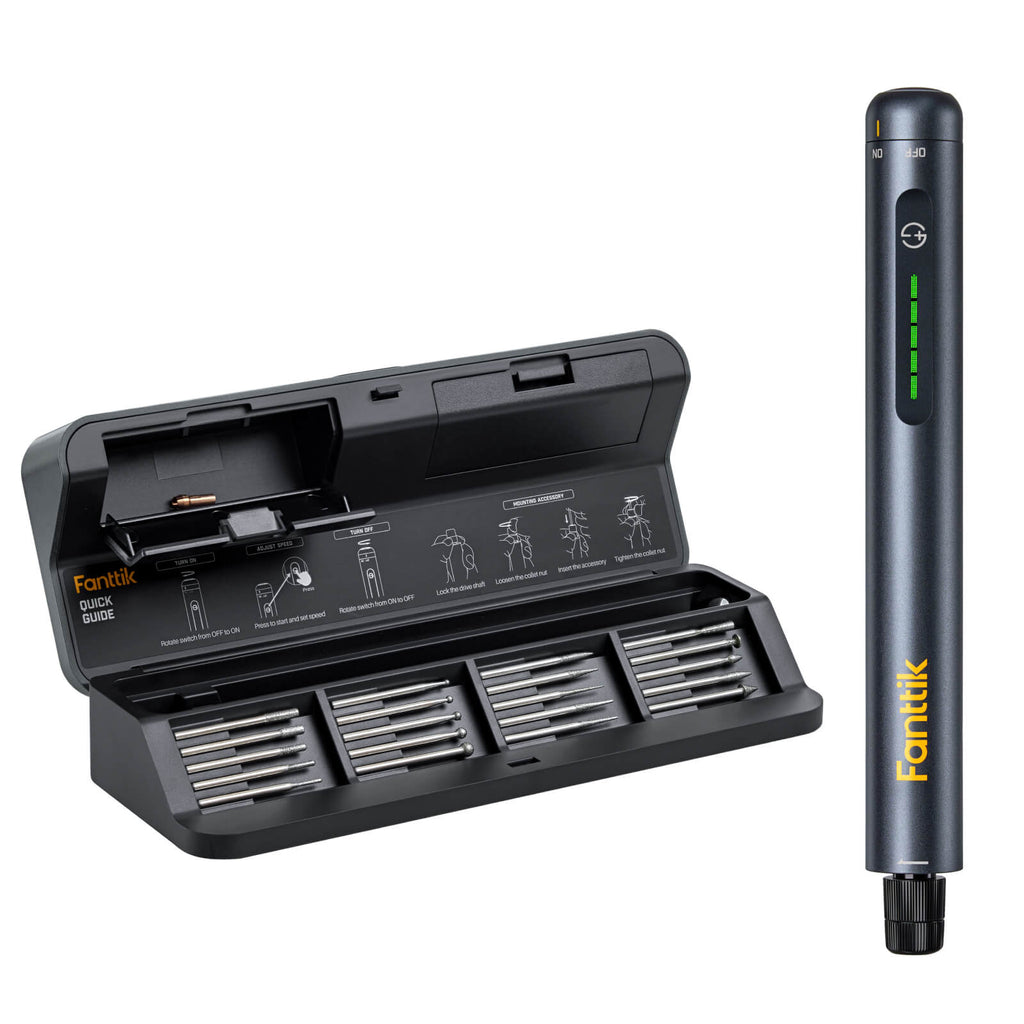 Fanttik F2 Master cordless rotary tool kit with 20 engraving bits and carrying case