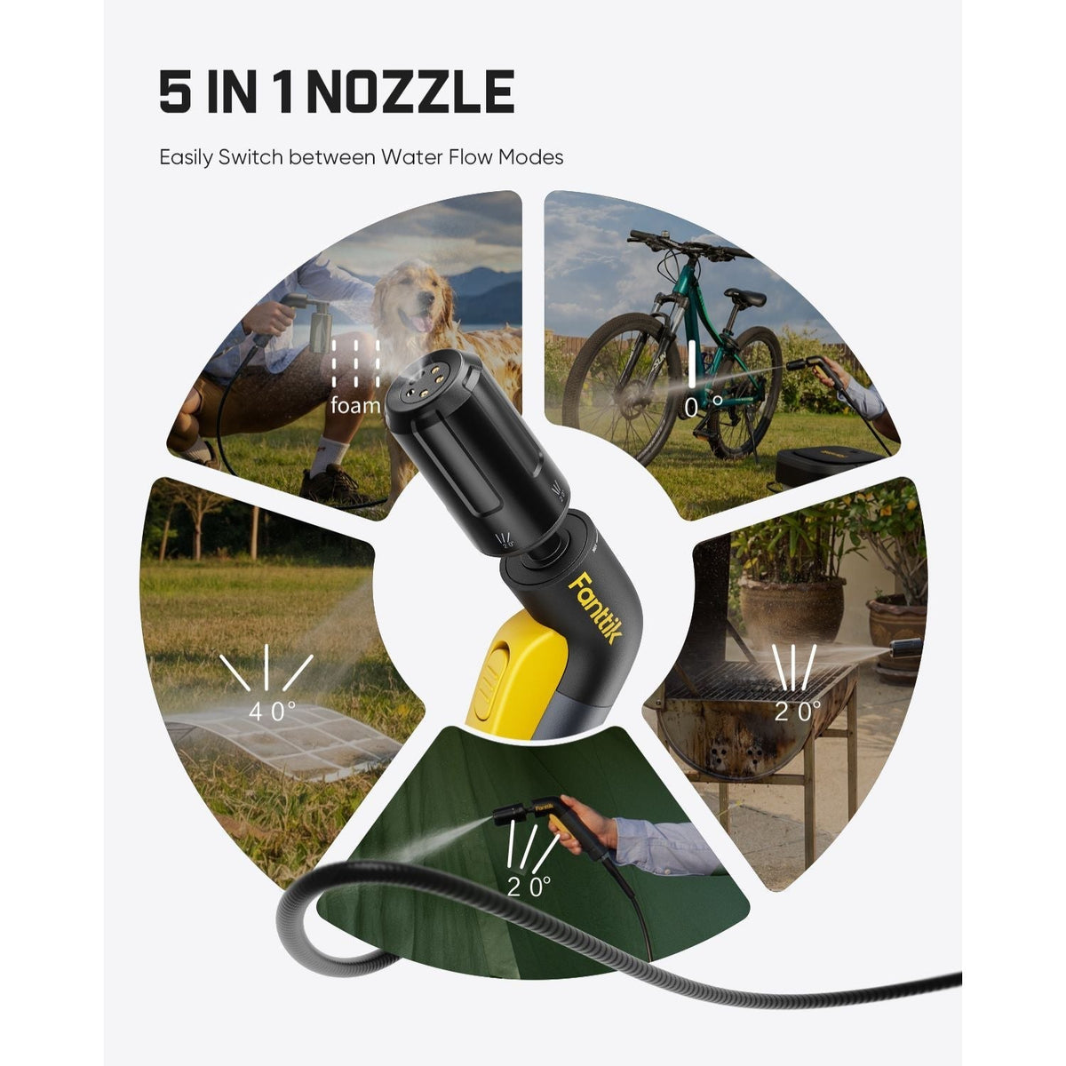 5-in-1 nozzle with various uses shown around it on a white background