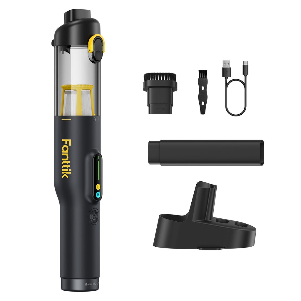 Fanttik Slim V10 Lite cordless handheld vacuum with accessories, charging base, and USB-C cable on white background.