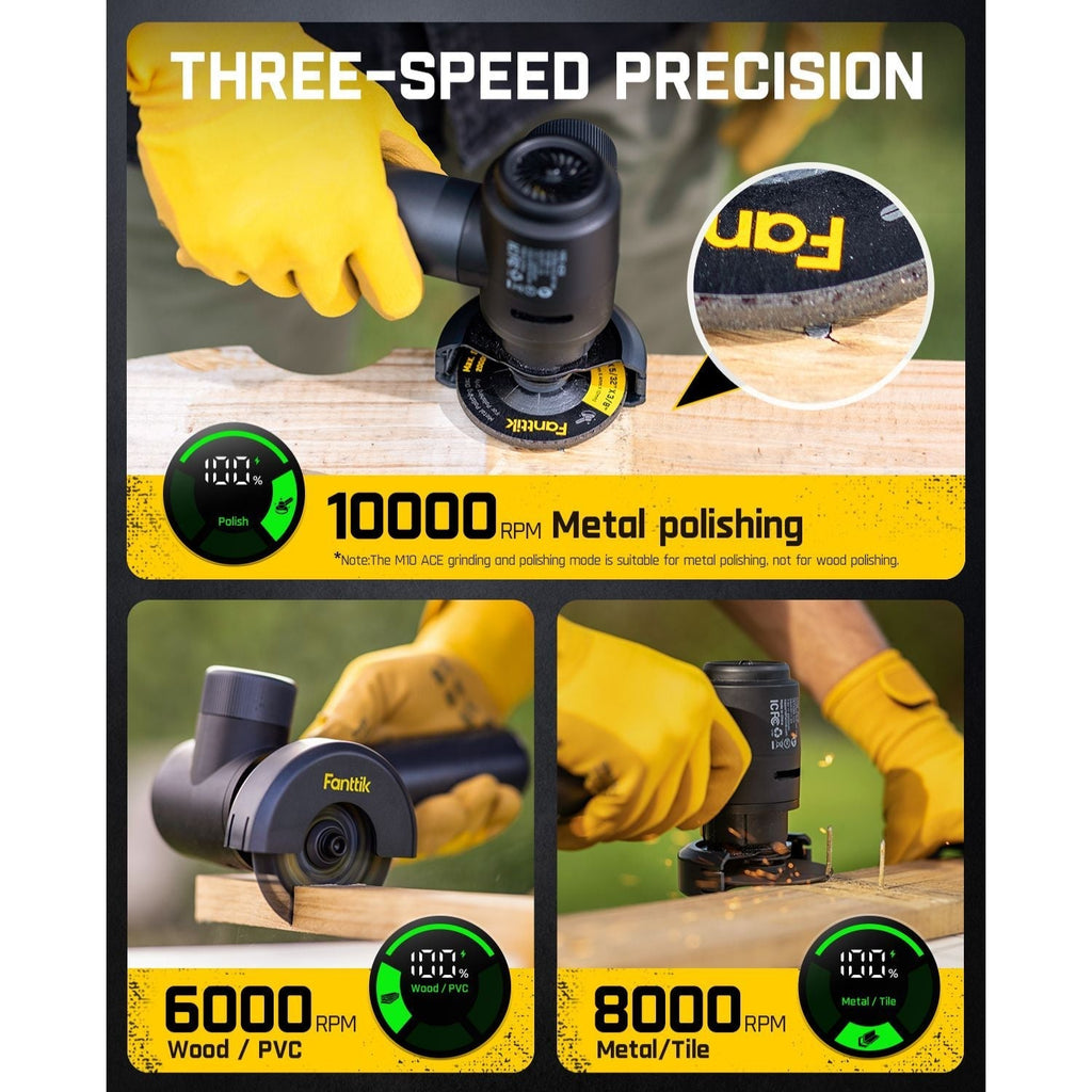 Fanttik M10 ACE: 10000 RPM metal polishing, 6000 RPM wood/PVC, 8000 RPM metal/tile. Smart LED display shows modes and battery.