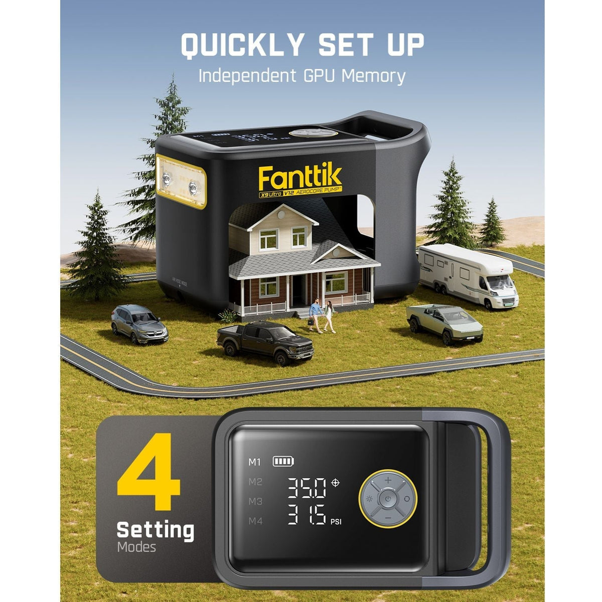 Fanttik X9 Ultra tire inflator with 4 setting modes for quick setup, showing PSI and temperature on display.