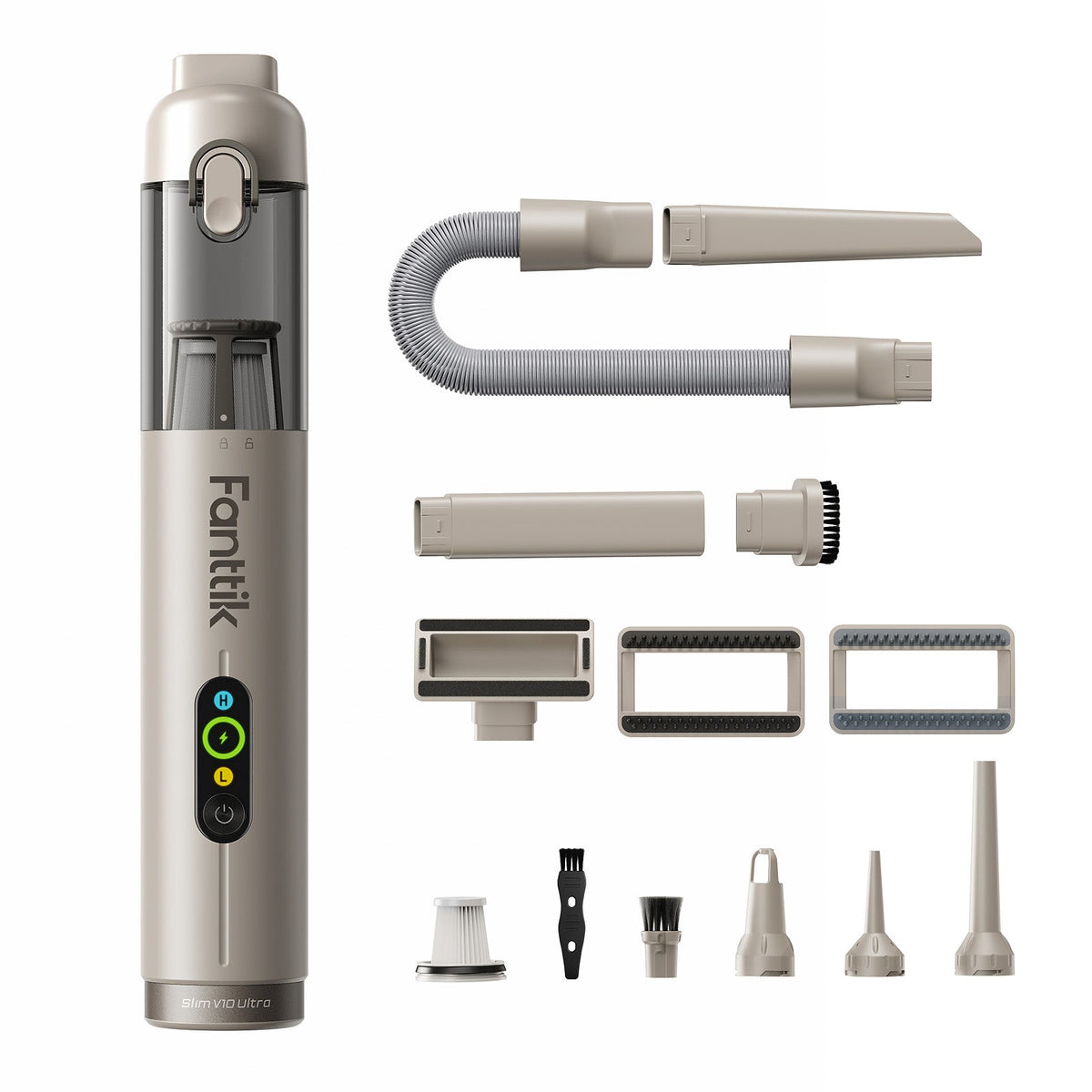 Fanttik Slim V10 Ultra Cordless Car Vacuum-Brown with various attachments on a white background