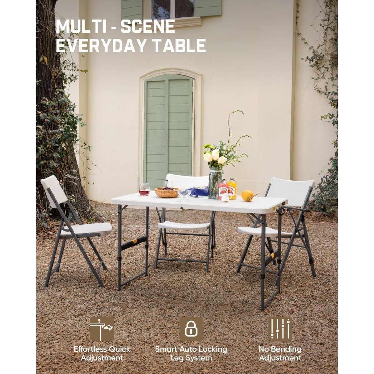 White FanttikOutdoor 4ft folding table with adjustable black legs, outdoor dining setup