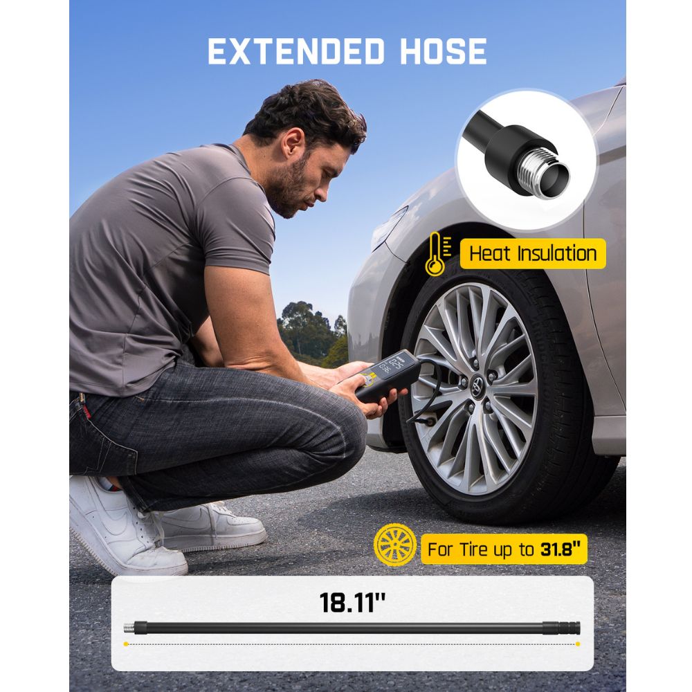 Fanttik X8 APEX tire inflator with extended 18.11" hose for tires up to 31.8", featuring heat insulation.