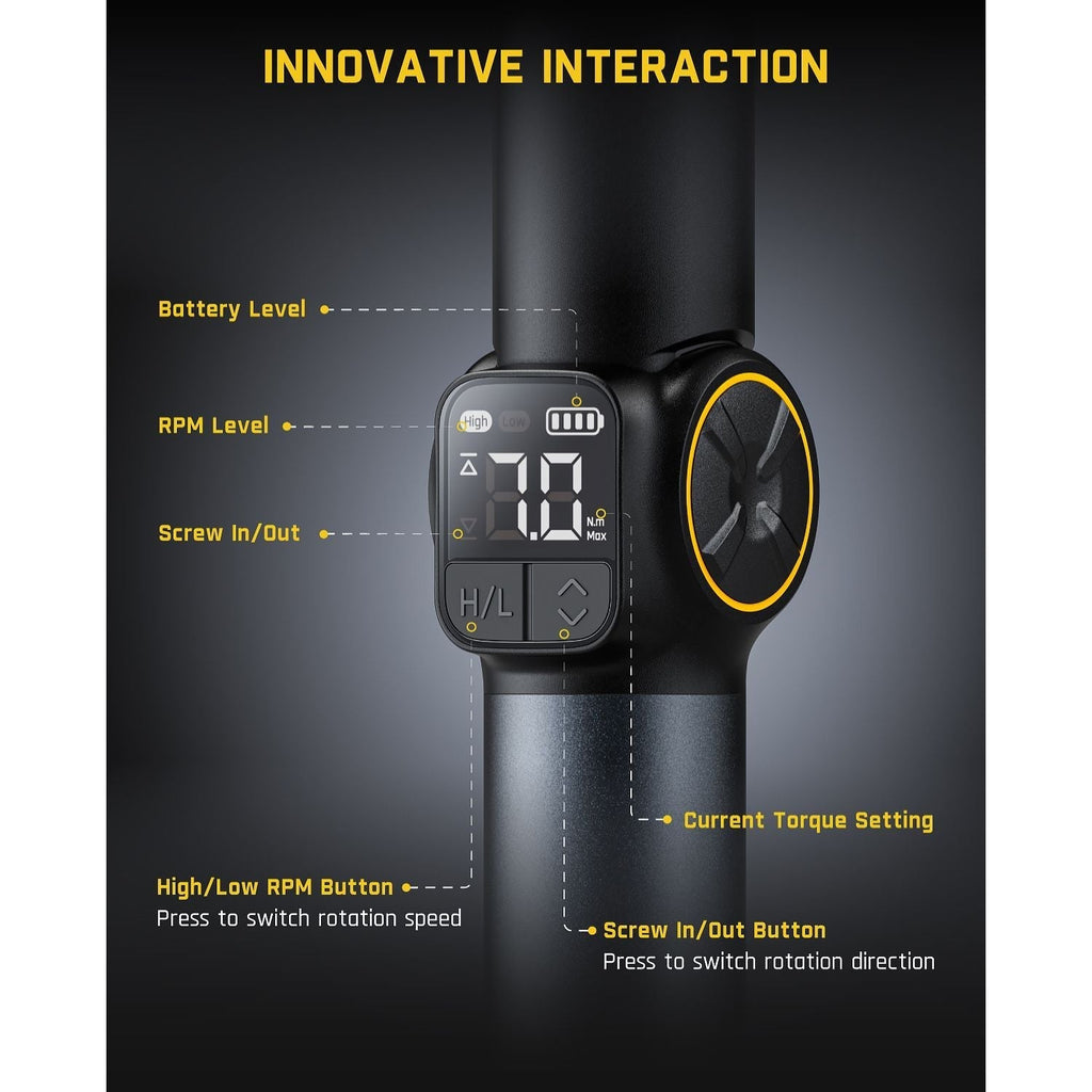 Fanttik Fold S1 APEX cordless screwdriver display showing battery level, RPM, torque settings, and screw direction.