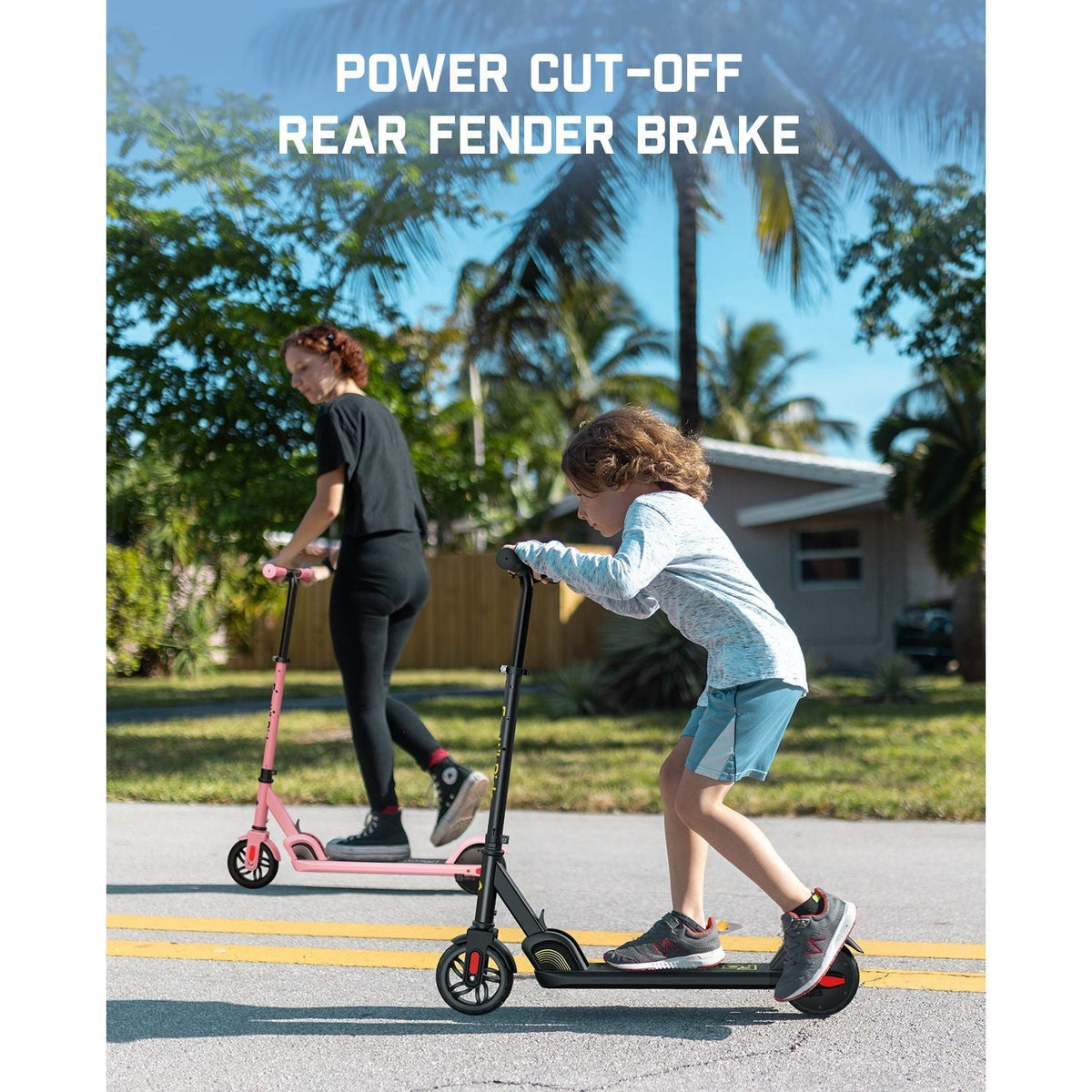 FanttikRide C9 electric scooter for kids with rear fender brake, ridden by children on a sunny day.