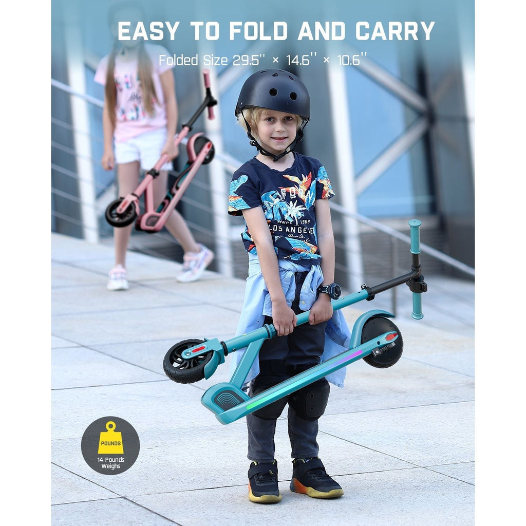 Foldable teal FanttikRide C9 Pro kids electric scooter, 29.5" folded size, 14 lbs weight. Includes helmet and knee pads.
