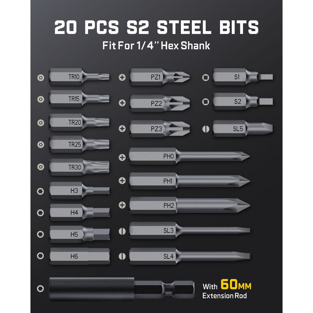 Fanttik S2 Pro: 20 S2 steel bits (Torx, Hex, Phillips, Slotted) with 1/4" hex shank and 60mm extension rod.