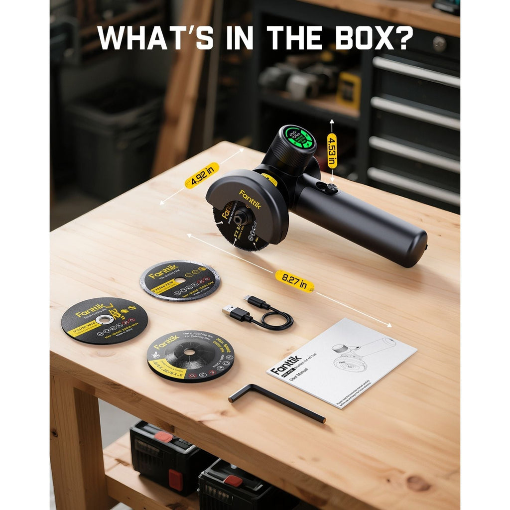 Fanttik M10 ACE cordless angle grinder kit including grinder, four cutting discs, USB-C cable, and user manual.