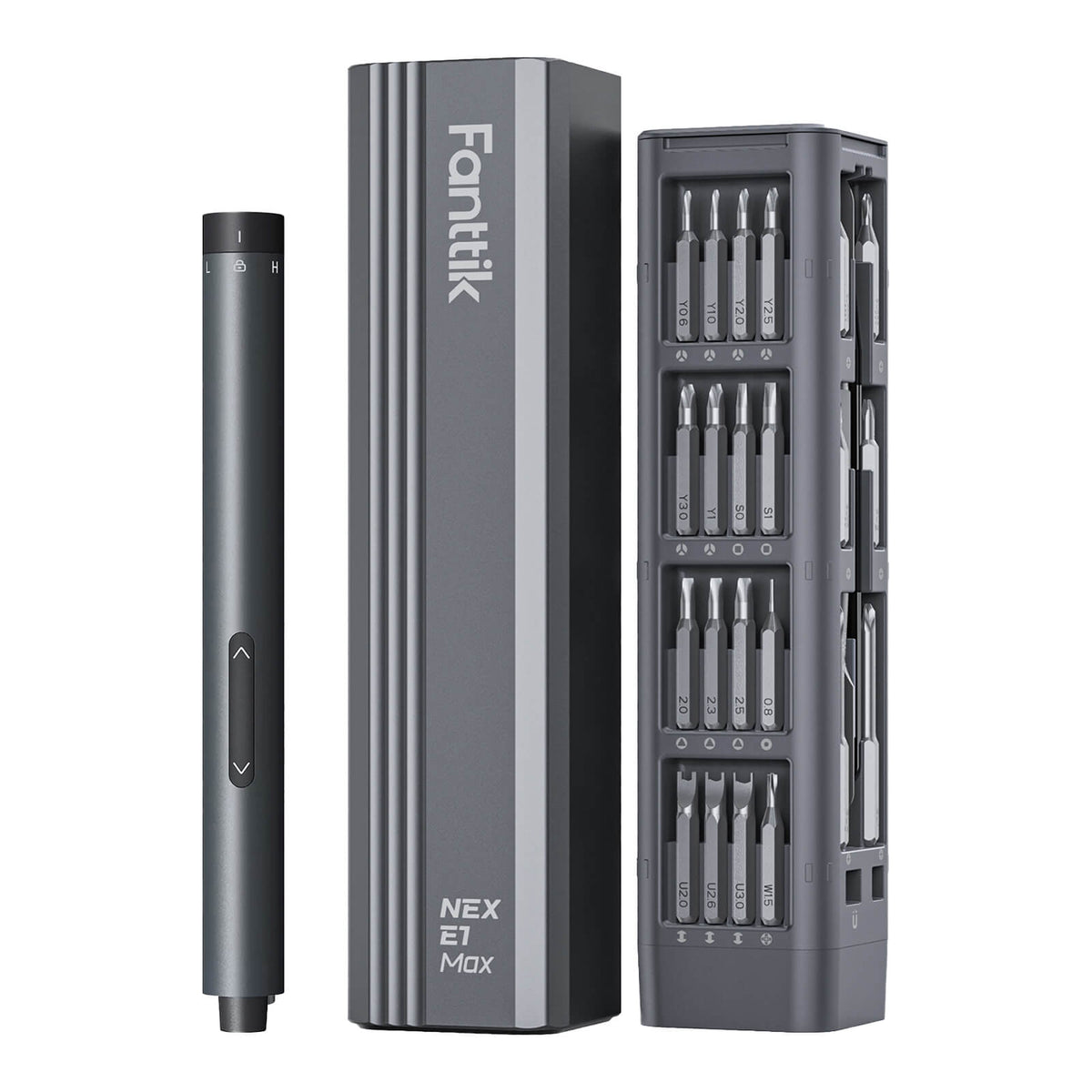 Fanttik E1 Max electric screwdriver with precision bits in a magnetic case, ideal for electronics repair.