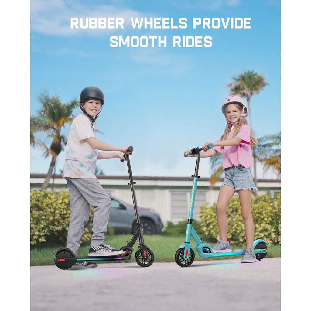 FanttikRide C9 Pro blue electric scooter with LED lights, ridden by a child. Text reads: RUBBER WHEELS PROVIDE SMOOTH RIDES.