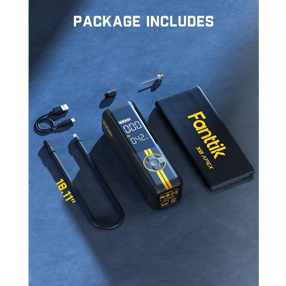 Fanttik X8 APEX EV tire inflator package includes hose, USB cable, nozzles, and carry pouch