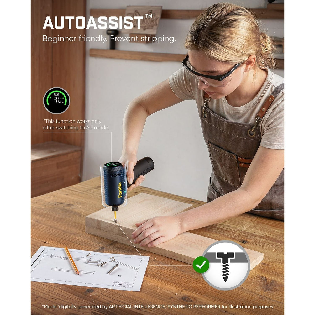 Fanttik REX K2 APEX impact driver with AUTOASSIST display, drilling wood for cabinet assembly