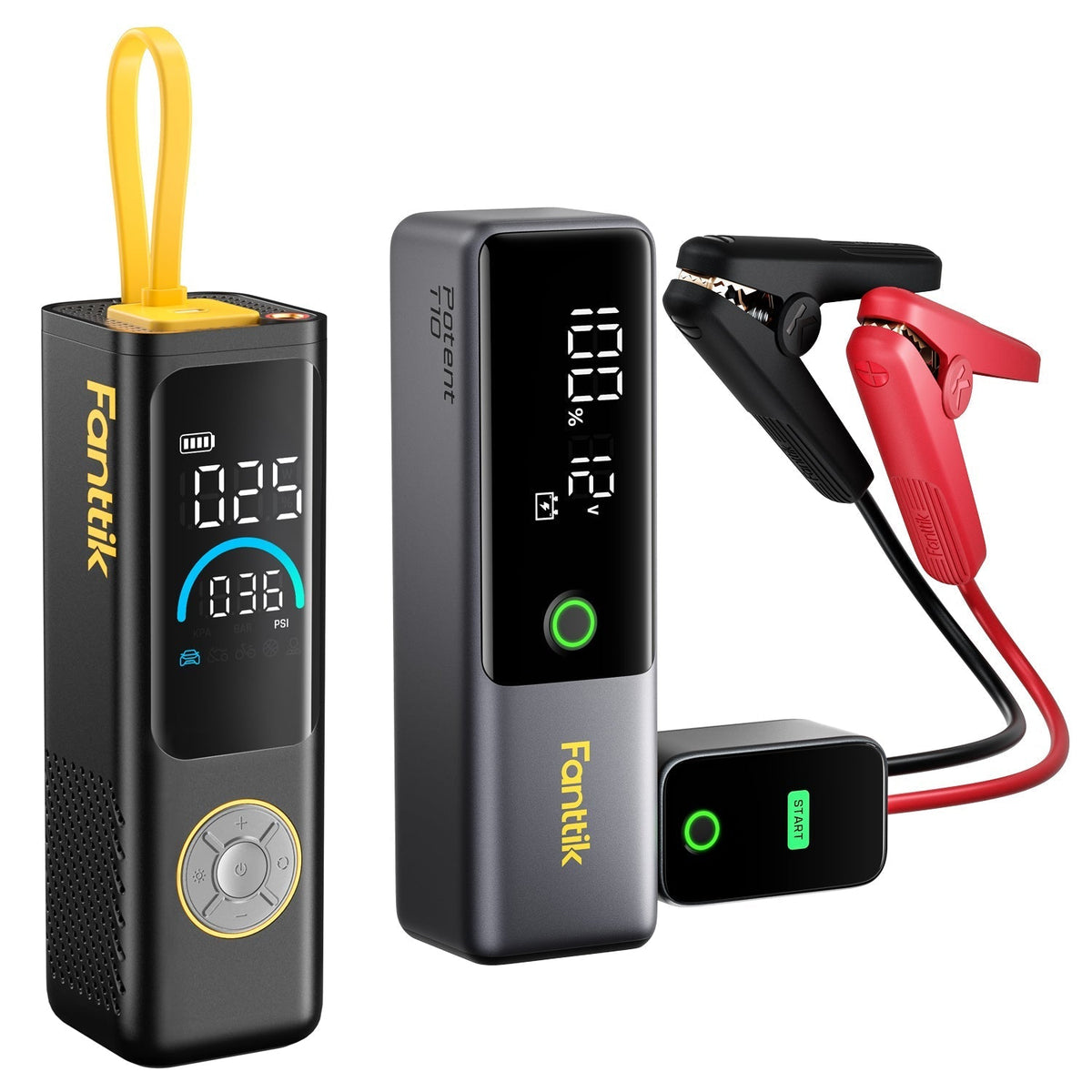 Fanttik X9 APEX tire inflator and T10 jump starter set with clamps and digital displays