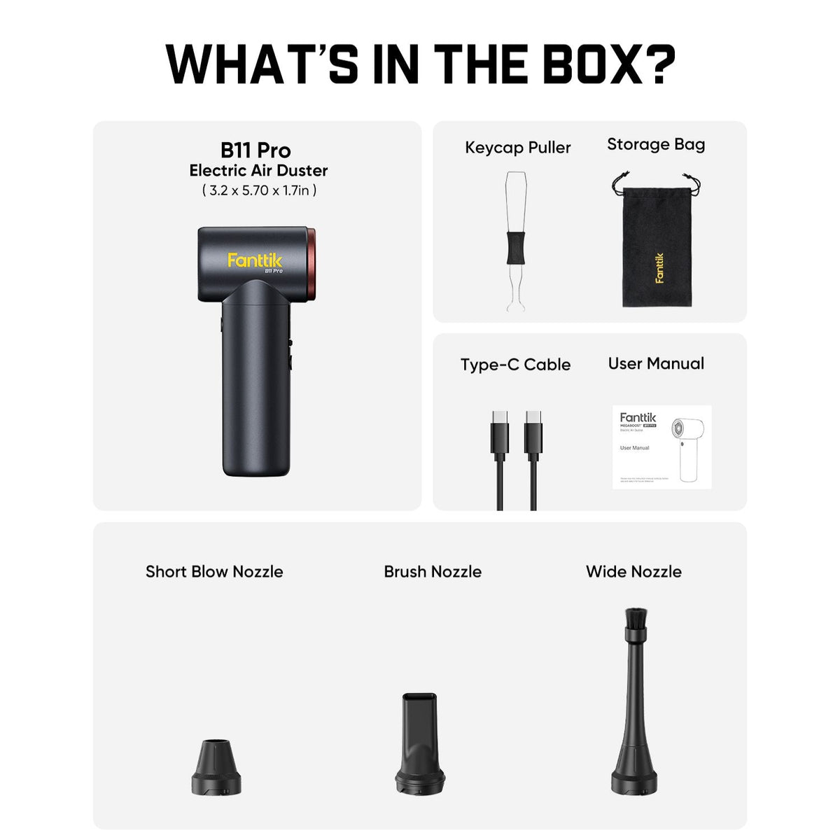 Box contents graphic for the Fanttik B11 Pro Electric Air Duster, showing the main handheld duster, keycap puller, storage bag, Type-C cable, user manual, short blow nozzle, brush nozzle, and wide nozzle on a light gray background with the heading 'WHAT'S IN THE BOX?'.
