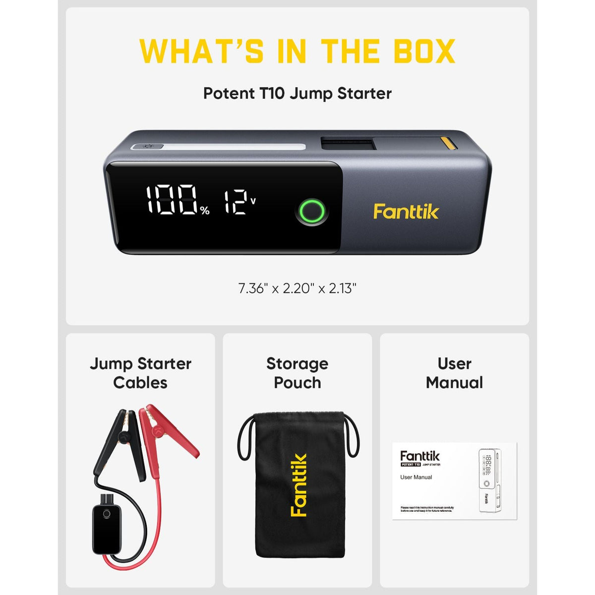 Fanttik Potent T10 jump starter with cables, storage pouch, and user manual