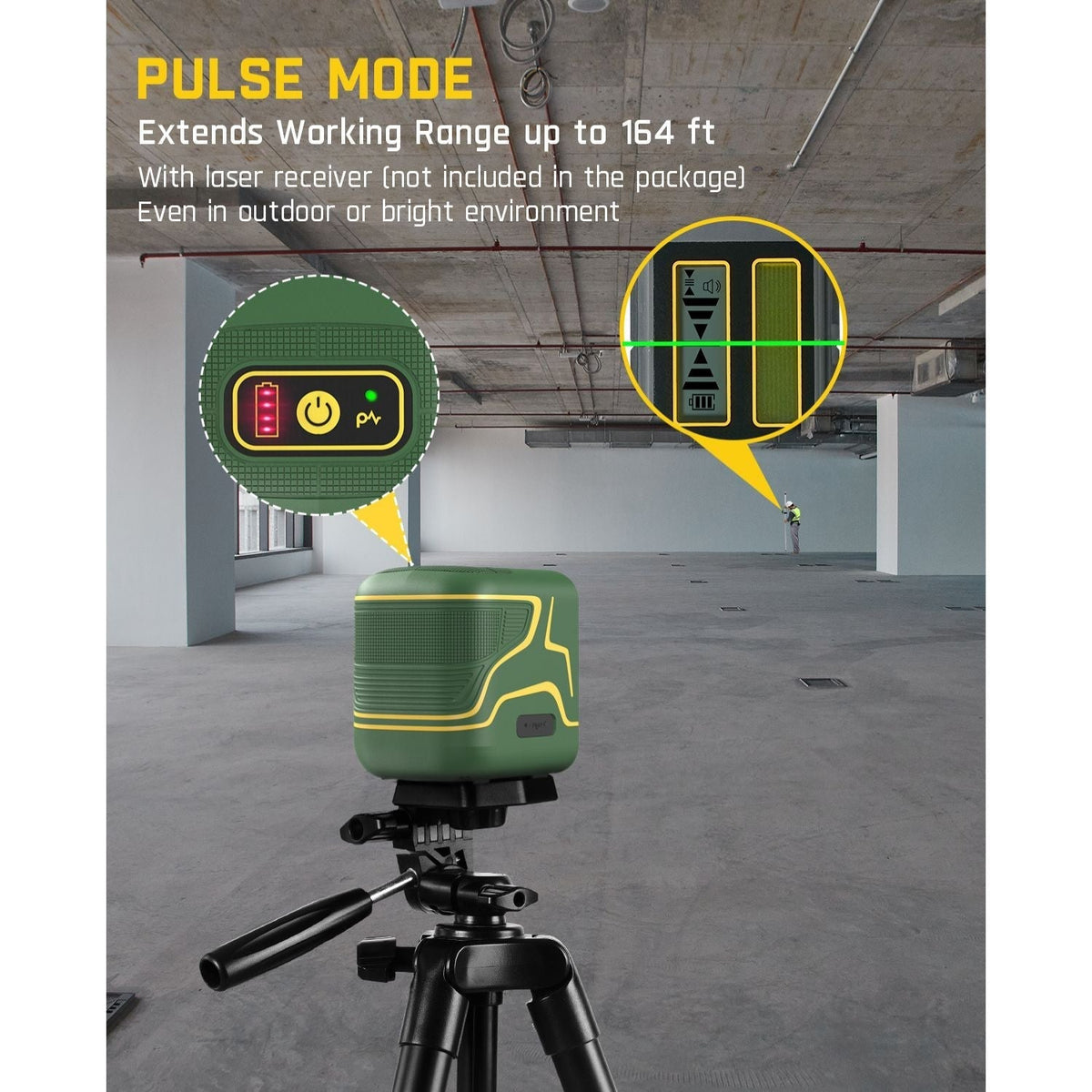 Fanttik D2 Cross Line Laser Level with pulse mode extending range to 164ft, featuring battery indicator and outdoor use.
