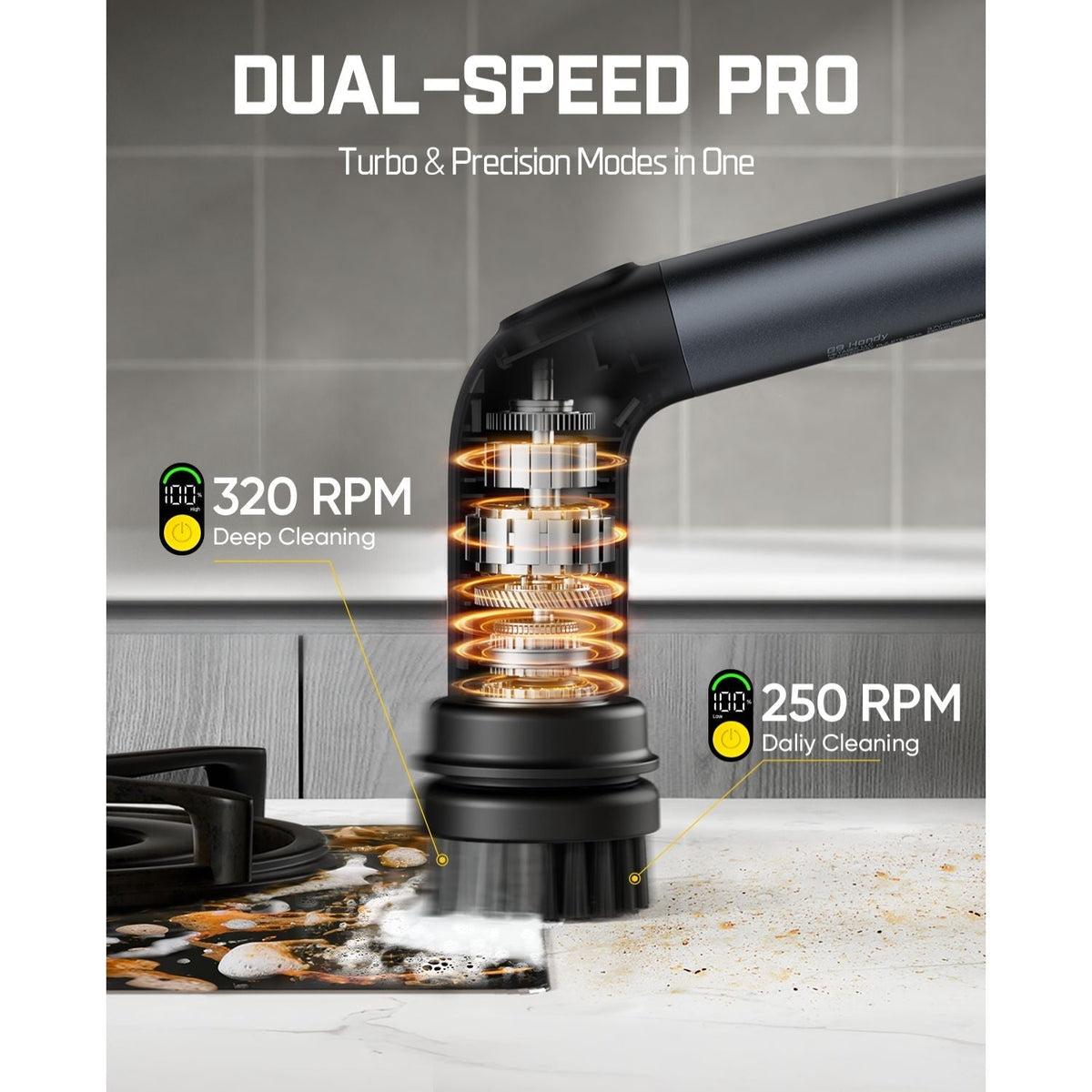 Fanttik G9 Handy electric spin scrubber dual speed: 320 RPM deep clean & 250 RPM daily clean. Shows internal gears and cleaning action on stovetop/counter.