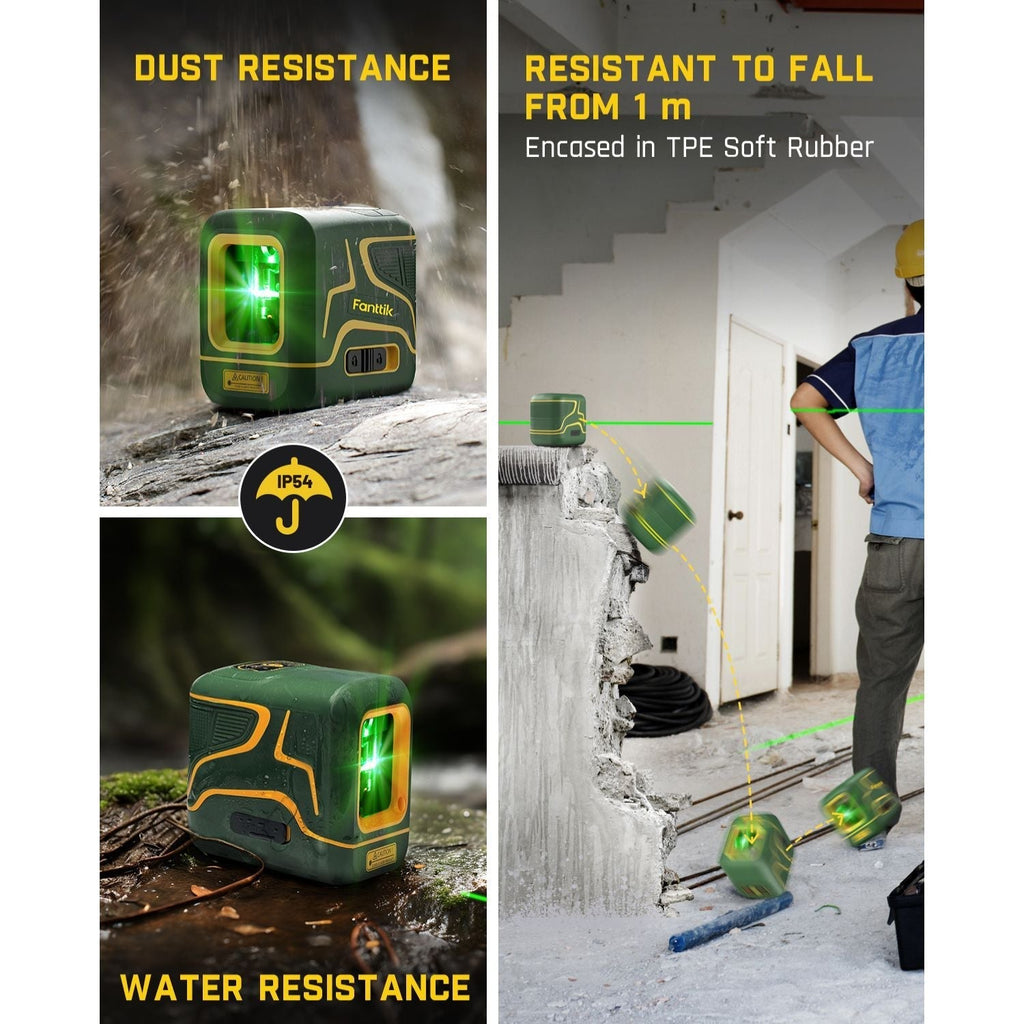 Fanttik D2 green laser level with IP54 dust and water resistance, and 1m drop protection.