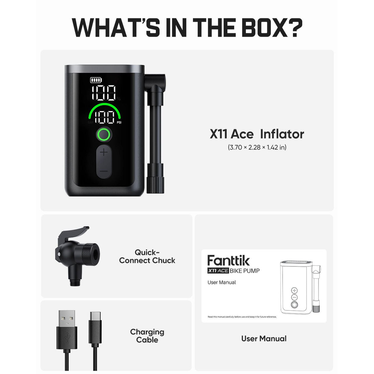 Fanttik X11 Ace bike pump with quick-connect chuck, charging cable, and user manual
