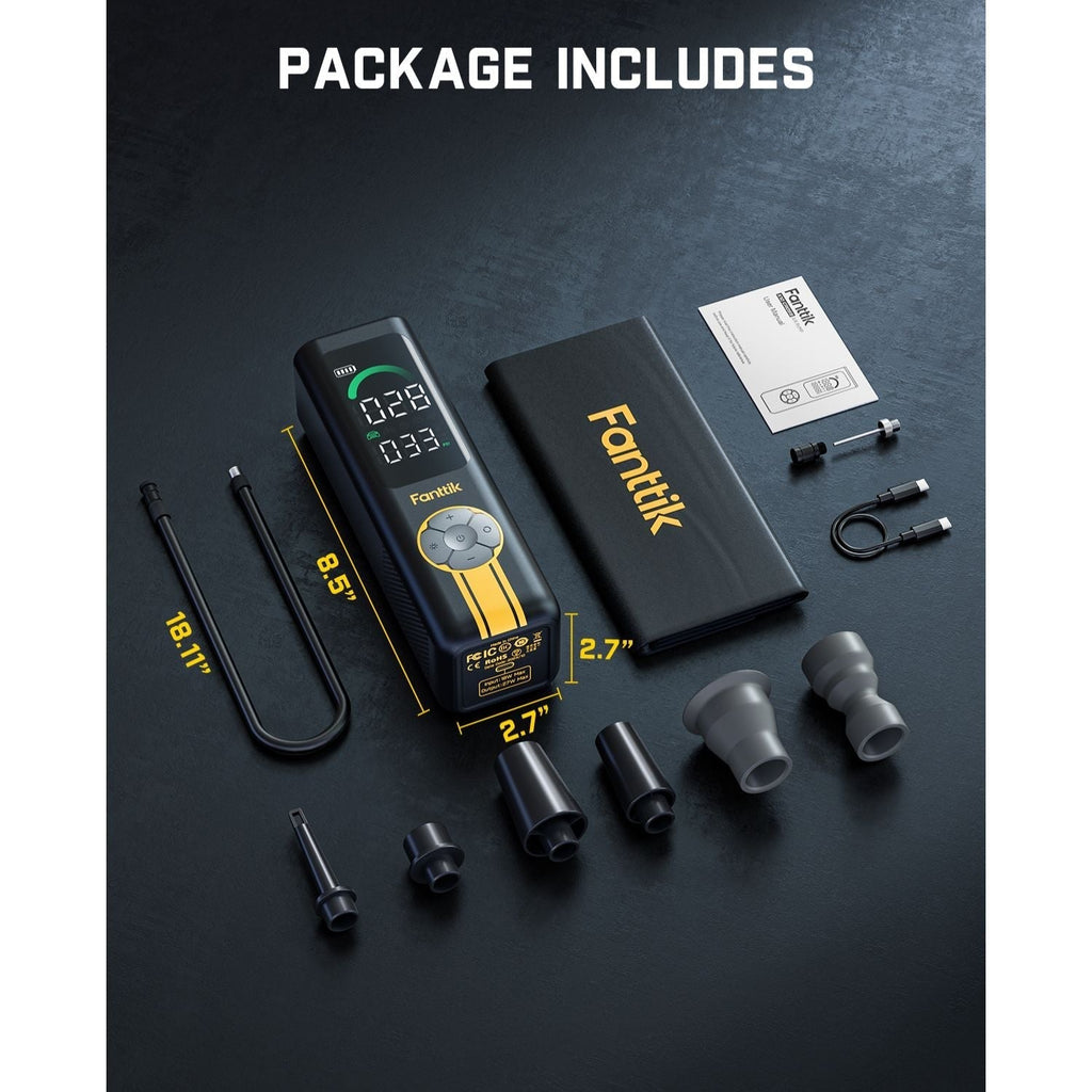 Fanttik X10 Cross tire inflator package contents: inflator, case, manual, nozzles, and cables.